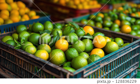 Fresh Thai oranges in crates at market, showcasing vibrant colors and lively atmosphere 128836229