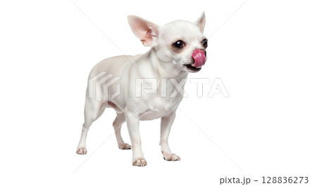 A small white Chihuahua stands with its ears perked up, playfully licking its nose with its tongue. The dog's bright eyes and curious expression add a charming touch to its playful demeanor. A small white Chihuahua stands with its ears perked up, playfully licking its nose with its tongue. The dog's bright eyes and curious expression add a charming touch to its playful demeanor. 128836273