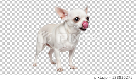 A small white Chihuahua stands with its ears perked up, playfully licking its nose with its tongue. The dog's bright eyes and curious expression add a charming touch to its playful demeanor. 128836273