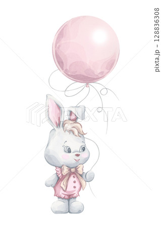 Pastel bunny girl with balloon. Watercolor rabbit character. Hand-drawn baby animal illustration for nursery wall art, baby shower decoration, birthday cards 128836308