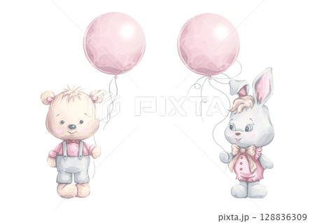 Bear and bunny with balloons. Hand painted watercolor illustration in pastel colors. Beige, pink and grey. Cute baby animal clipart for nursery, baby shower, birthday card, invitations 128836309