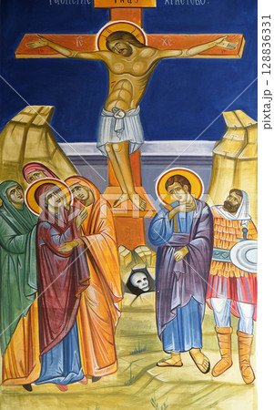 Crucifixion, Jesus on the Cross, fresco in the Church of Saint Paraskeva of the Balkans near Saint Naum Monastery, Ohrid in Macedonia 128836331