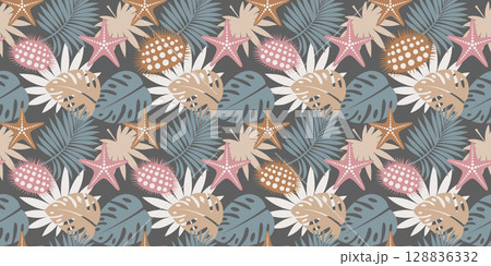 Tropical seamless pattern background, exotic leaves banner, monstera and palm leaf, marine animals starfish and sea urchin. Vector illustration in pastel colors template Tropical seamless pattern background, exotic leaves banner, monstera and palm leaf, marine animals starfish and sea urchin. Vector illustration in pastel colors template 128836332