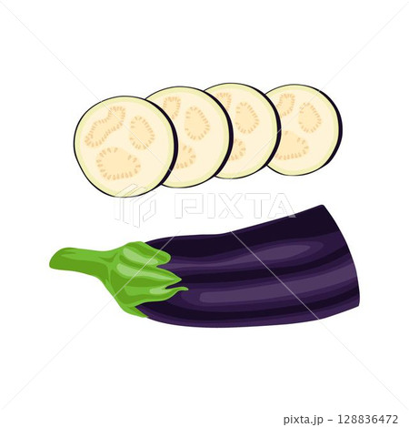 Vector illustration eggplant slice vegetable in cartoon flat style. Aubergine purple fresh, plant food, organic healthy, agriculture brinjal garden. Raw violet eggplant sliced in white background. Vector illustration eggplant slice vegetable in cartoon flat style. Aubergine purple fresh, plant food, organic healthy, agriculture brinjal garden. Raw violet eggplant sliced in white background. 128836472