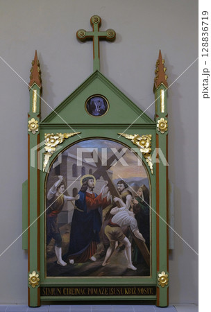 5th Stations of the Cross, Simon of Cyrene carries, church of Saint Matthew in Stitar, Croatia 5th Stations of the Cross, Simon of Cyrene carries, church of Saint Matthew in Stitar, Croatia 128836719