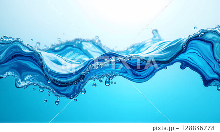 Dynamic Water Splash, Abstract Blue Wave with Droplets. 128836778