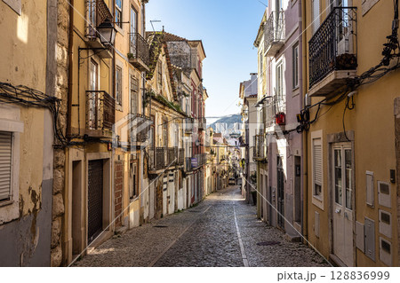 Narrow street Travesia Porta do Sol in the old town of Setubal in Portugal Narrow street Travesia Porta do Sol in the old town of Setubal in Portugal 128836999