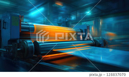 Modern glass manufacturing furnace with molten glass being processed in vibrant industrial setting 128837070