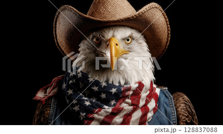 Bald eagle in cowboy hat and American flag scarf celebrates Independence Day 128837088