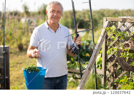 Portrait of senior man standing in backyard garden in village, holding bucket, looking at camera and smiling Portrait of senior man standing in backyard garden in village, holding bucket, looking at camera and smiling 128837642