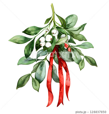 Watercolor painting of mistletoe with leaves, berries, and a red ribbon 128837850