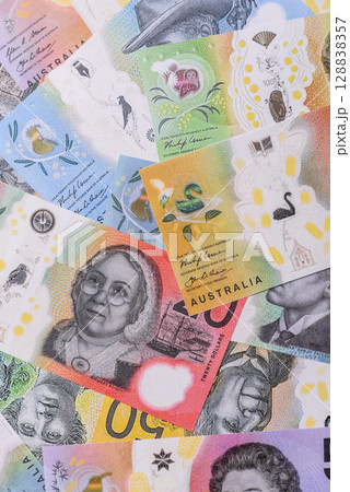 Paper money, banknotes of different denominations of Australia, dollars Paper money, banknotes of different denominations of Australia, dollars 128838357