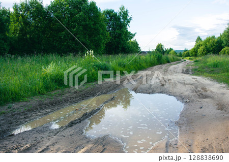 Large puddle blocking dirt road in green rural landscape Large puddle blocking dirt road in green rural landscape 128838690