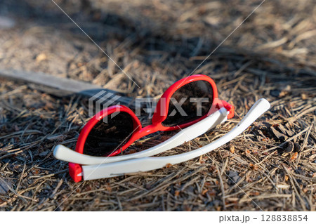 Red and white sunglasses lying on dry pine needles Red and white sunglasses lying on dry pine needles 128838854