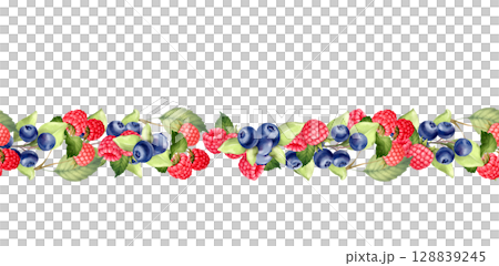 Hand-drawn Berry Seamless Border Illustration. Raspberry Blueberry decorative frame 128839245
