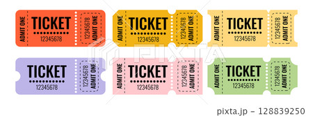 Set of colorful ticket templates featuring bold fonts and clean lines for event invitations or promotions Set of colorful ticket templates featuring bold fonts and clean lines for event invitations or promotions 128839250