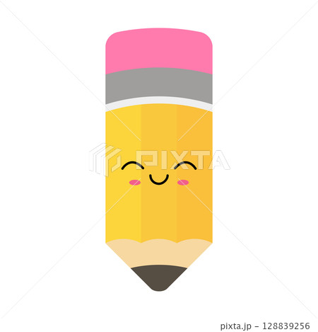 A detailed pixel art illustration of a vibrant pencil featuring with smile face 128839256