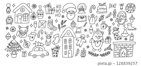 Black and white Christmas icons on a white background Black and white Christmas icons on a white background 128839257