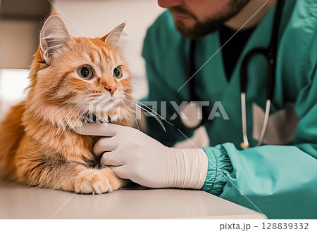 Veterinary check-up for a fluffy cat at a clinic with a caring professional 128839332