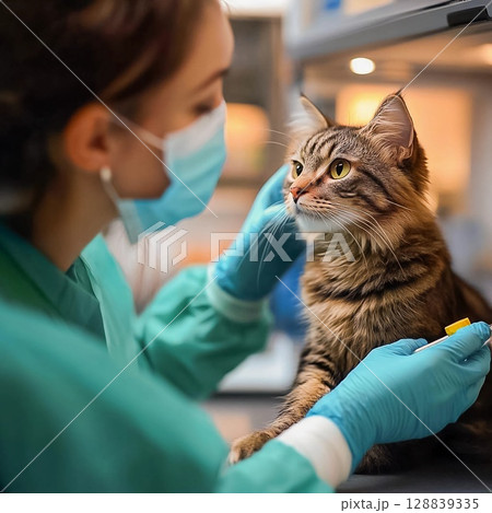 Veterinary check-up for a fluffy cat at a clinic with a caring professional 128839335