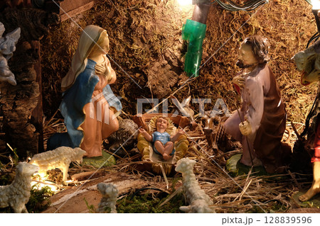 Nativity Scene, Christmas creche in St. Mary church in Zagreb, Croatia 128839596