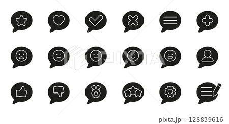 Speech Bubble Icon Set With Various Symbols. Communication, Feedback, And Interaction Silhouette Icon Collection. Includes Emoticons, Ratings, And User Interface. Isolated Vector Illustration 128839616