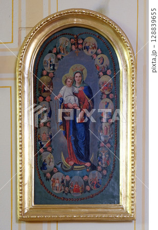 Virgin Mary Queen of the Holy Rosary altarpiece in parish church of the Holy Trinity in Krasic, Croatia Virgin Mary Queen of the Holy Rosary altarpiece in parish church of the Holy Trinity in Krasic, Croatia 128839655