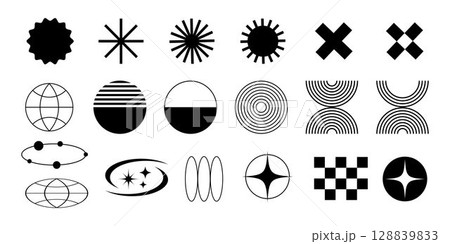 Futuristic retro y2k symbols in 2000 style. Vector set of isolated black elements. 128839833