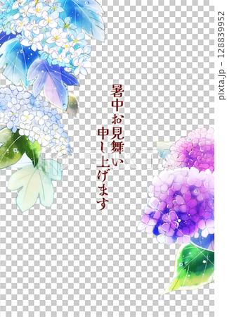 雨上がりの紫陽花　暑中お見舞い　縦　ハガキサイズ 128839952