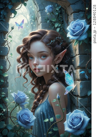 薔薇迷宮青い薔薇のドレスを着た少女のポートレート 128840128