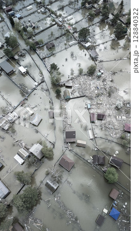 Floods and cyclone, global warming. Climate change,natural disasters the tsunami of nature.The apocalypse, catastrophes.Storms and destruction.The remnants of human life are floating in dirty water 128840322
