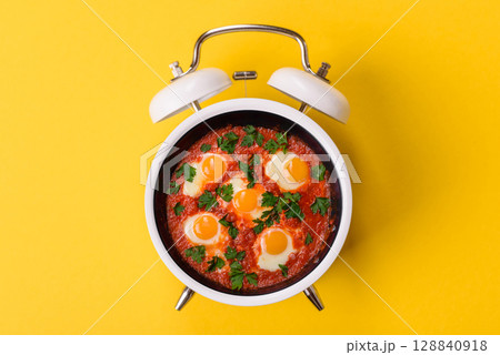 Breakfast of fried eggs with bacon or sausage and vegetables. ? plate on a vintage alarm clock Breakfast of fried eggs with bacon or sausage and vegetables. ? plate on a vintage alarm clock 128840918
