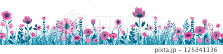 Horizontal seamless banner decorated with blooming flowers and leaves. Spring floral backdrop. Flat vector illustration on white background Horizontal seamless banner decorated with blooming flowers and leaves. Spring floral backdrop. Flat vector illustration on white background 128841136