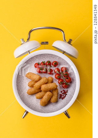 Cheese sticks, mozzarella fried, fast food breaded with sauce. Concept of time to eat fast food Cheese sticks, mozzarella fried, fast food breaded with sauce. Concept of time to eat fast food 128841349
