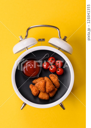 Chicken nuggets, crispy fried food with sauce. Fast food concept 128841355