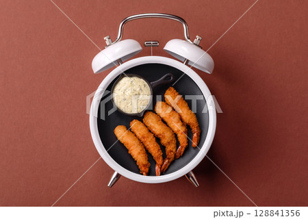 Shrimp fried in breaded or tempura, junkfood, food to go . Concept time to eat fast food 128841356