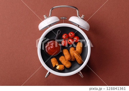 Cheese sticks, mozzarella fried, fast food breaded with sauce. Concept of time to eat fast food Cheese sticks, mozzarella fried, fast food breaded with sauce. Concept of time to eat fast food 128841361