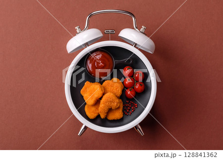 Chicken nuggets, crispy fried food with sauce. Fast food concept 128841362