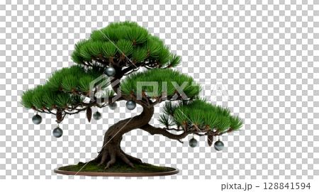 A beautifully crafted bonsai tree features dense, vibrant green needles adorned with ornaments, representing a festive touch perfect for the Christmas season. 128841594