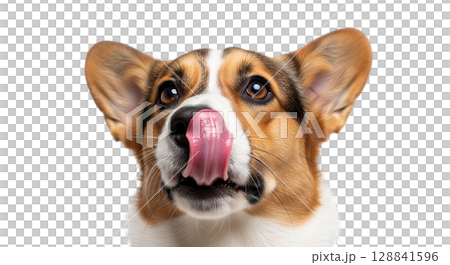 A Cardigan Welsh Corgi dog stands with its head slightly tilted, sticking its tongue out to lick its nose. The dog displays a playful and curious demeanor against a transparent backdrop. 128841596