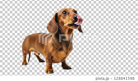 This cheerful dachshund is playfully licking its nose with its tongue, showcasing a curious and lively attitude, perfect for conveying charm and affection. 128841598