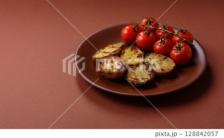 Food, potatoes cut in halves or slices grilled. Cooked baked potatoes Food, potatoes cut in halves or slices grilled. Cooked baked potatoes 128842057