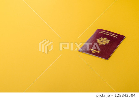 French passport for travelling, flying and doing business. France document, id French passport for travelling, flying and doing business. France document, id 128842304