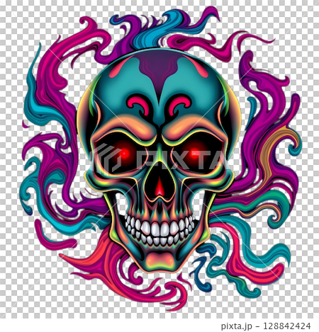 Neon Skull Art with Colorful Swirls illustration or vector 128842424