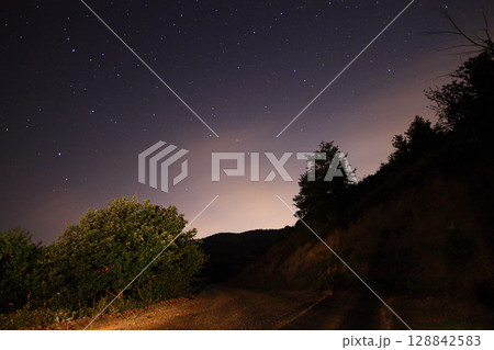 A view of the stars of the Milky Way with a mountain top in the foreground.Perseid Meteor Shower observation A view of the stars of the Milky Way with a mountain top in the foreground.Perseid Meteor Shower observation 128842583