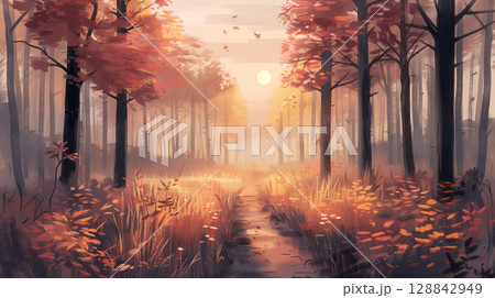 Painting of autumn forest with a path Painting of autumn forest with a path 128842949