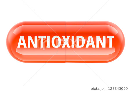 Antioxidant, red capsule pill. 3D rendering 128843099