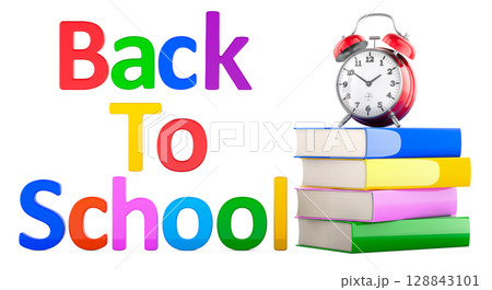 Back to School concept with books and red alarm clock. 3D rendering 128843101