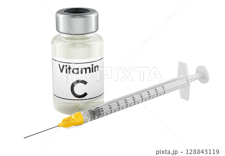 Vitamin C vial and syringe. 3D rendering 128843119