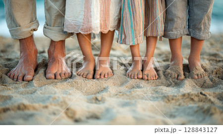 A close-up of multiple sets of bare feet, from adults and children, standing in the sand at the beach. This image evokes feelings of family, summer, vacation, togetherness, and simple joys 128843127